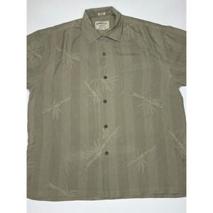 Bamboo Cay Mens 100% Silk Button Down‎ Shirt Short Sleeve Bamboo Leaf Green L